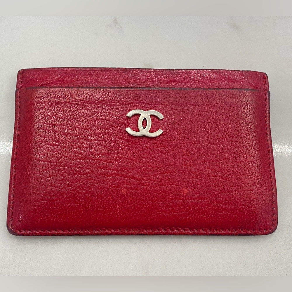 Chanel cherry red card holder with silver cc logo